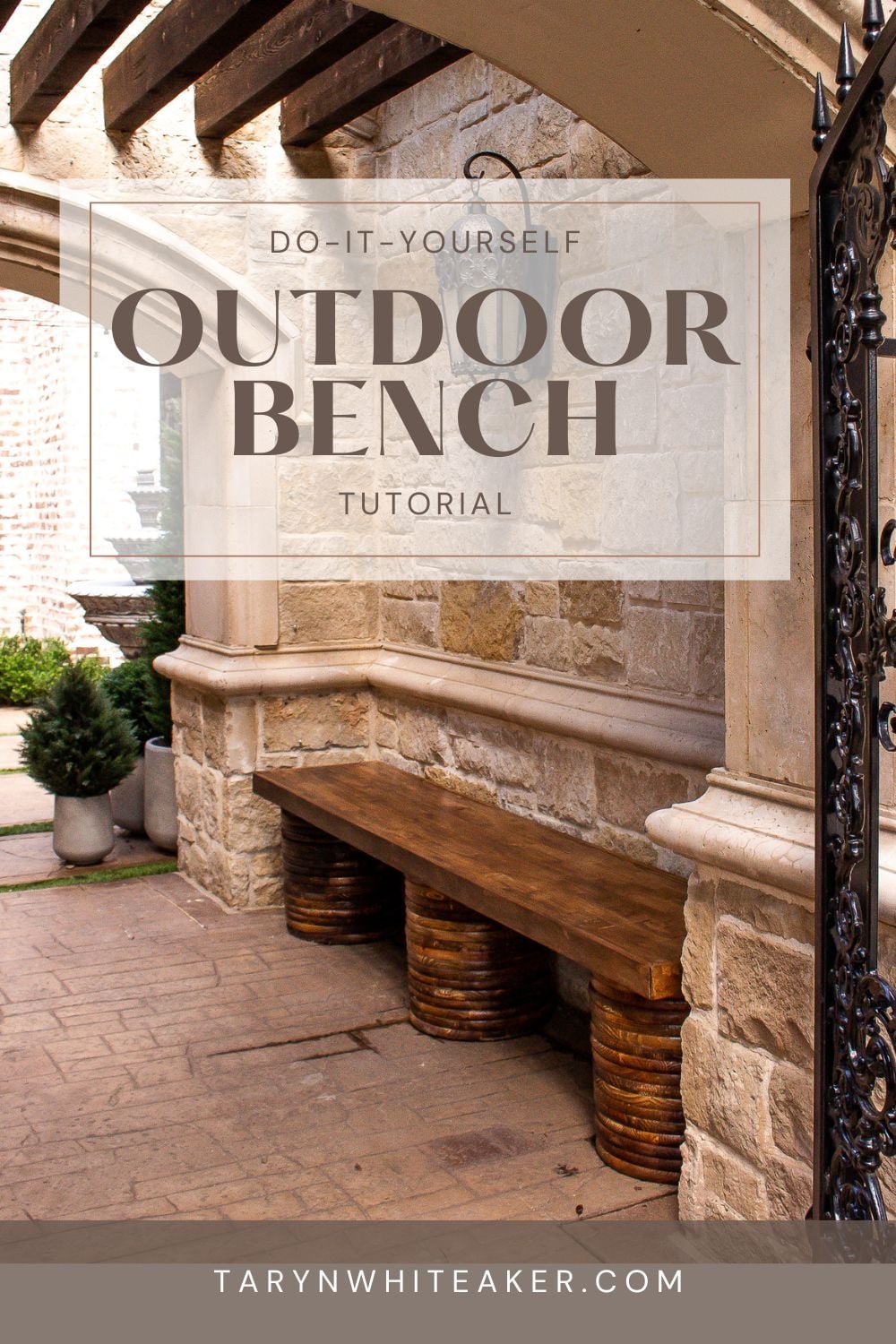 Easy Outdoor Bench | DIY Patio Furniture Idea Easy outdoor bench with a dark wood top on round wood bases under a stone archway, shown on a tutorial title graphic