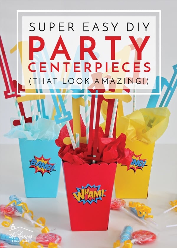 Easy Party Centerpieces | DIY Party Decorations Idea Blue, red and yellow popcorn box centerpieces with comic book stickers, tissue paper and straws with Party Centerpieces text