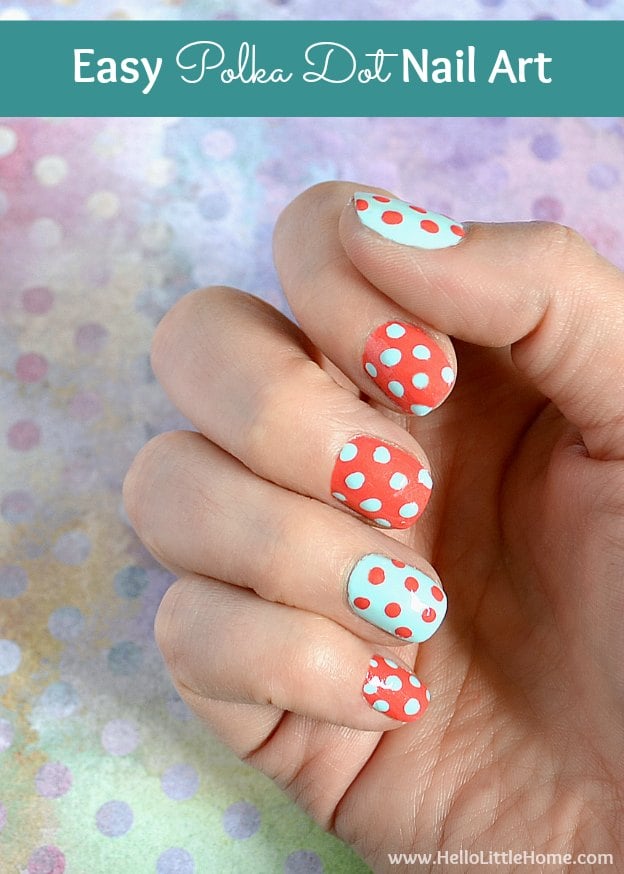 Easy Polka Dot Nail Art | Quick Nail Art Idea Easy polka dot nail art with mint dots on coral nails and coral dots on mint nails, held over a soft pastel dotted background