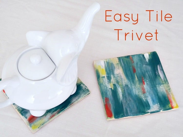 Easy Tile Trivet | Painted Tile Craft Easy tile trivet, two abstract hand painted tiles in teal, yellow and red, one under a white elephant shaped teapot