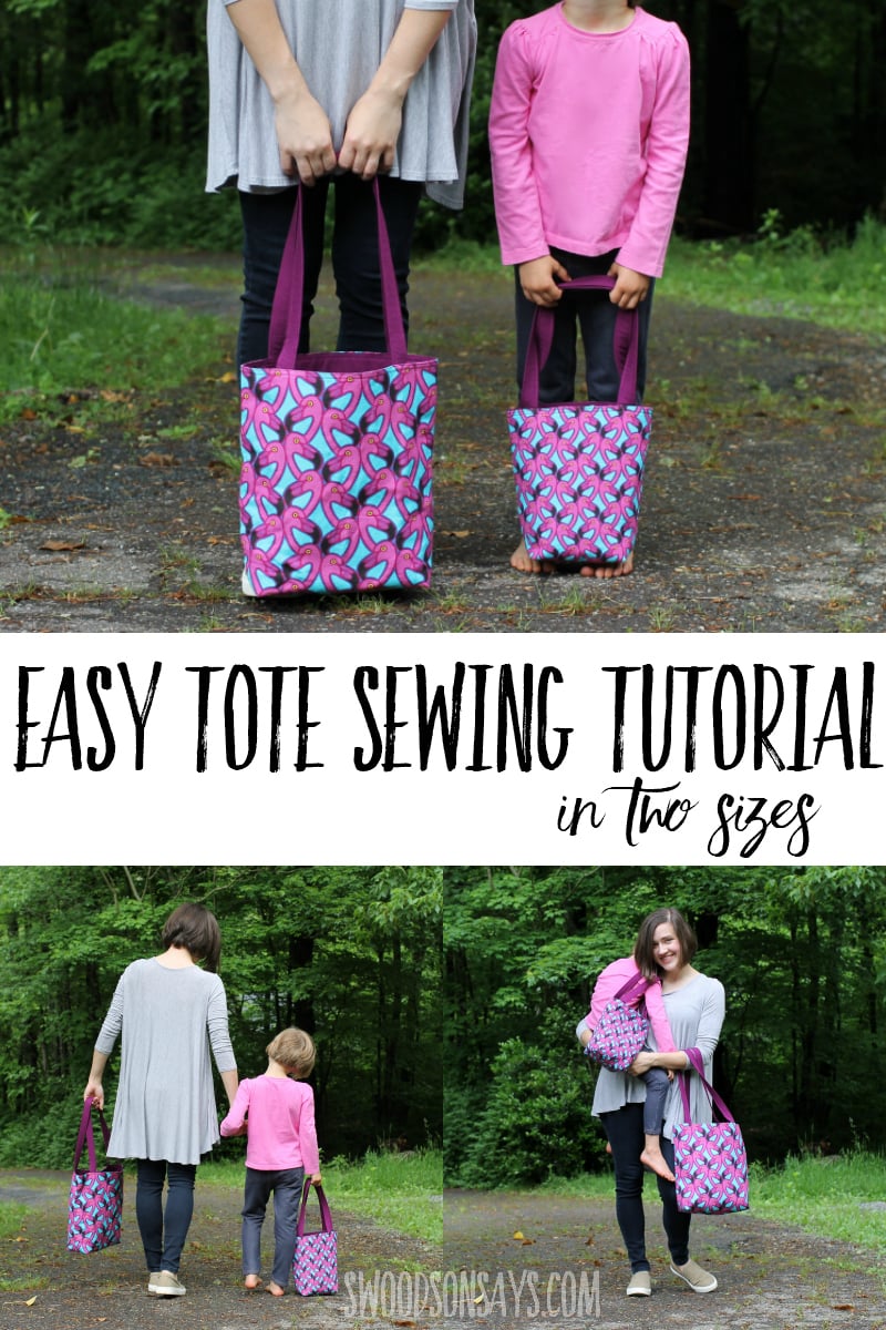 Two lined fabric tote bags in a magenta and teal print, one adult size and one kid size, carried side by side outdoors