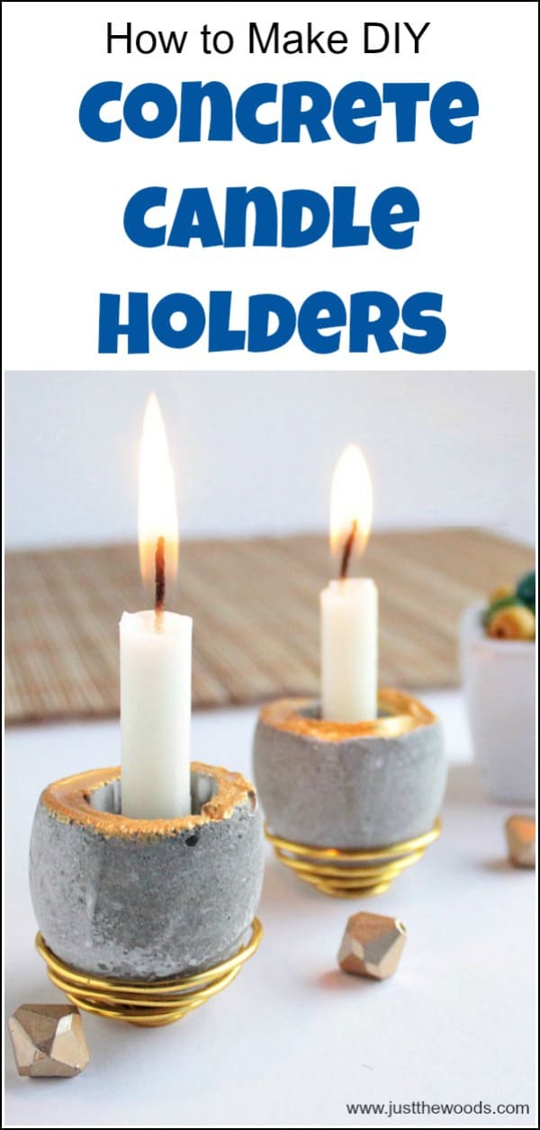 Eggshell Concrete Candle Holders | Gold Wire Base DIY Two round concrete taper candle holders with gold painted rims on coiled gold wire bases, lit, under a blue title