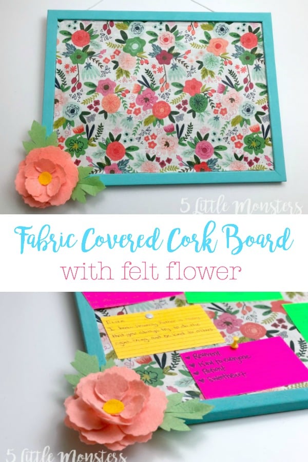 Teal framed cork board covered in bright floral fabric with a coral felt flower, shown above the board holding sticky notes