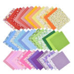 Assorted cotton fabric squares in red, orange, yellow, blue, green, pink and purple prints for a scrap fabric candy garland