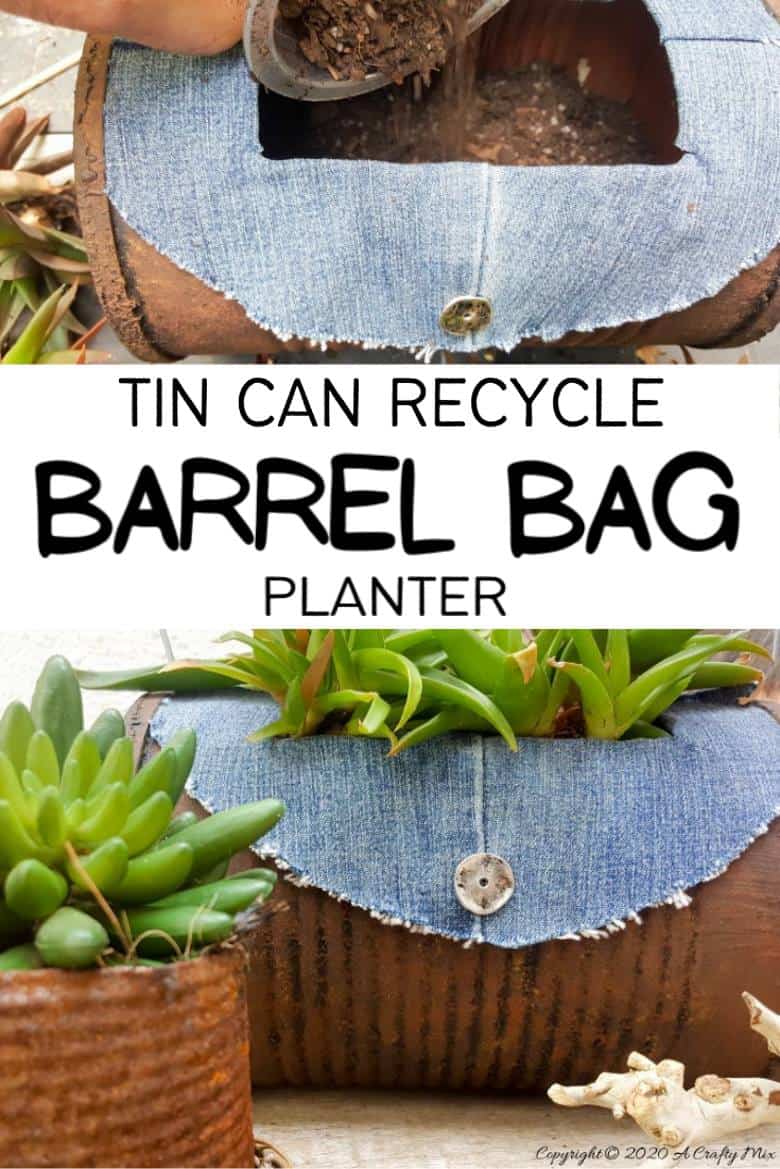 Faux Rusty Barrel Bag Planter | Tin Can Idea Faux rusty tin can barrel bag planter with a fabric strap and silver buttons, filled with soil and green succulents