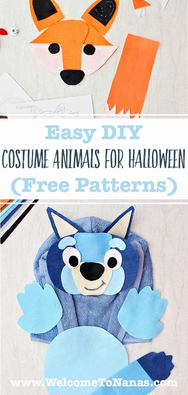 Felt fox face on an orange hood and a blue felt dog face with paws and tail pinned to a blue hooded sweatshirt