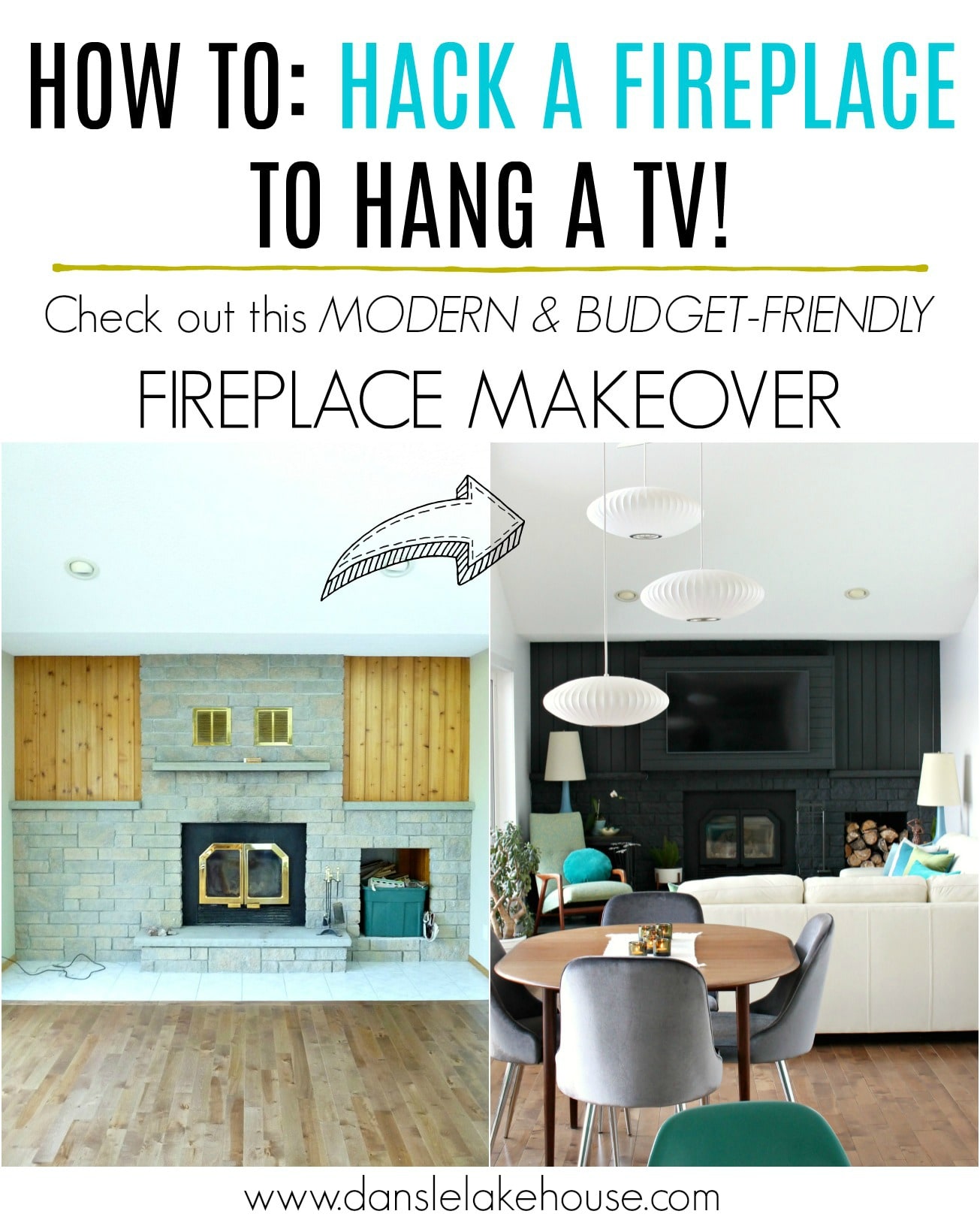 Fireplace Bump Out for a TV | DIY Media Room Idea Before and after of a gray stone fireplace with a high mantel rebuilt with a black paneled bump out holding a TV