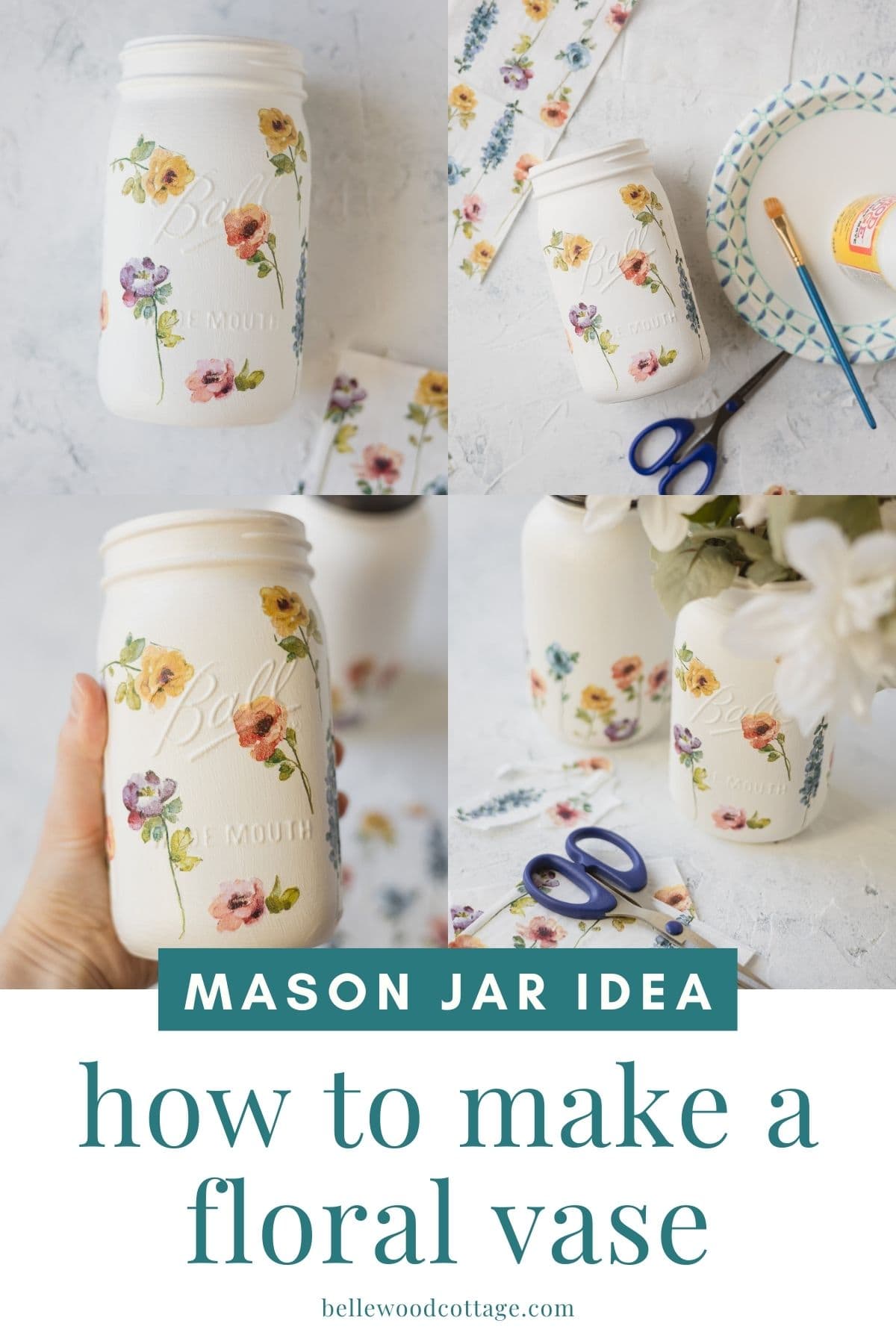 White chalk painted mason jar vase decorated with decoupaged napkin flowers and filled with fresh stems