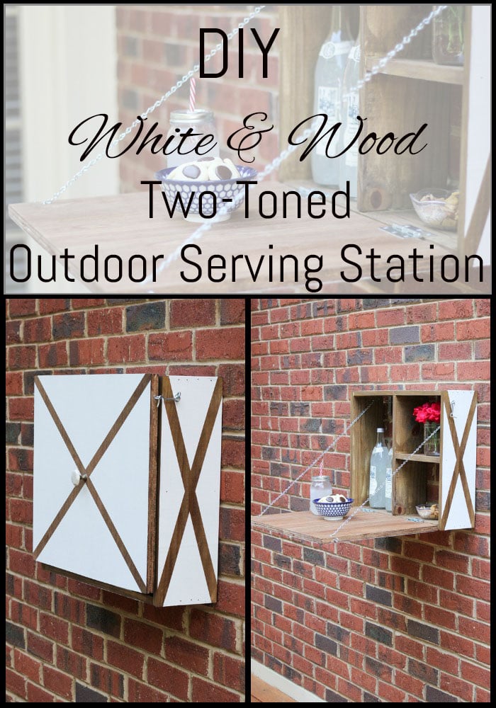 Fold Down Outdoor Serving Station | DIY Patio Furniture Idea White and wood two toned outdoor serving station mounted on a brick wall, shown closed and folded down with drinks