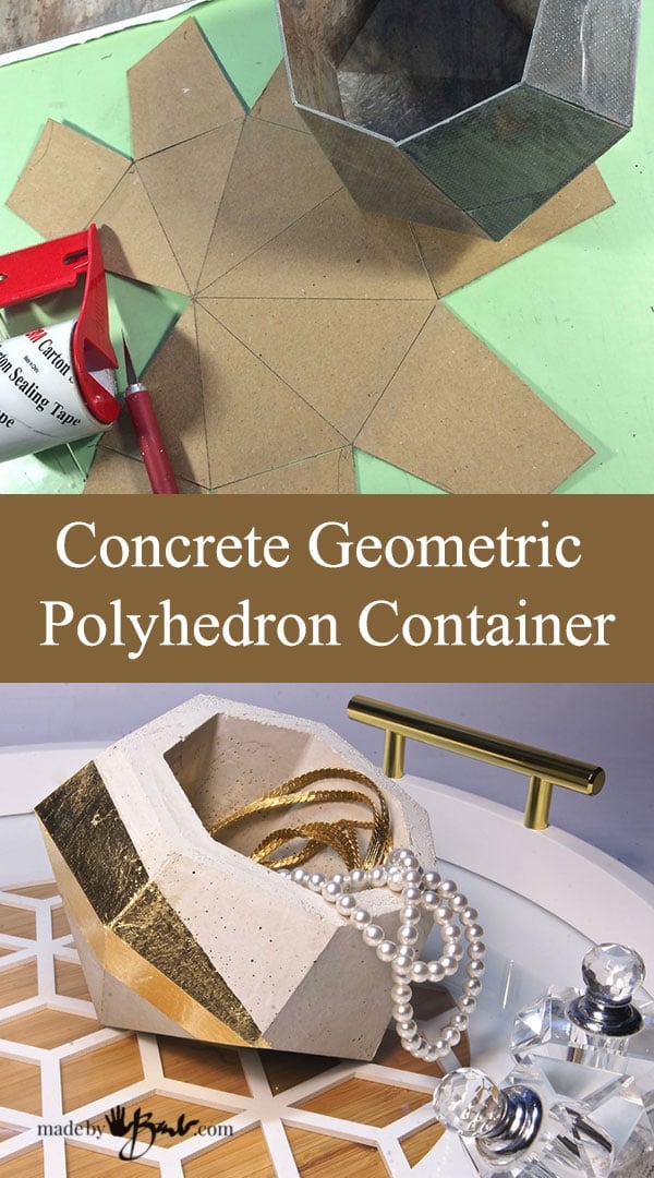 Geometric Concrete Container | Free Pattern DIY Faceted white concrete polyhedron container with gold leaf on some sides, holding pearls and a gold handle on a tray