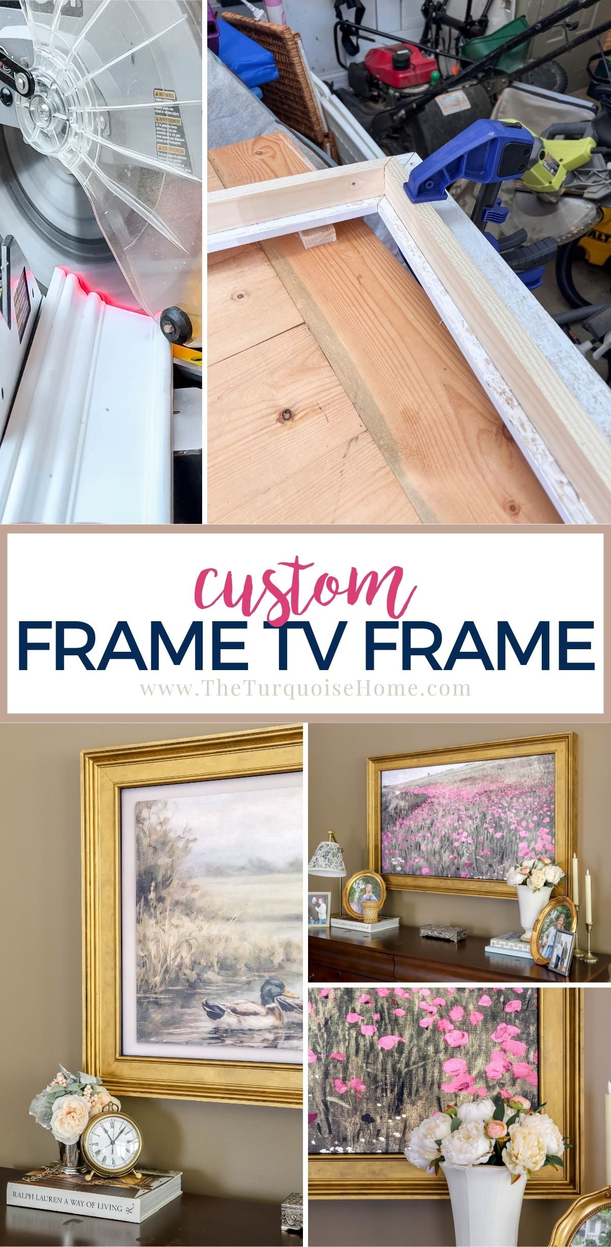 Gold Frame TV Frame | DIY Media Room Idea Collage of a carved gold frame built around a Frame TV showing art, with mitered wood frame pieces and trim during the build