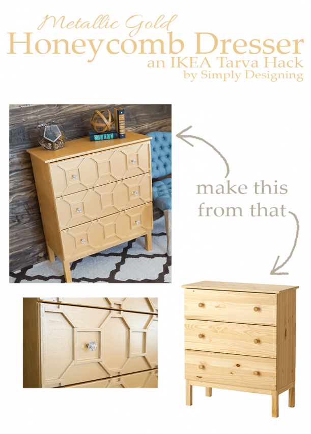 Gold Honeycomb IKEA Tarva Dresser | IKEA Bedroom Hack IKEA Tarva three drawer dresser painted metallic gold with an octagon honeycomb molding pattern beside the plain pine dresser