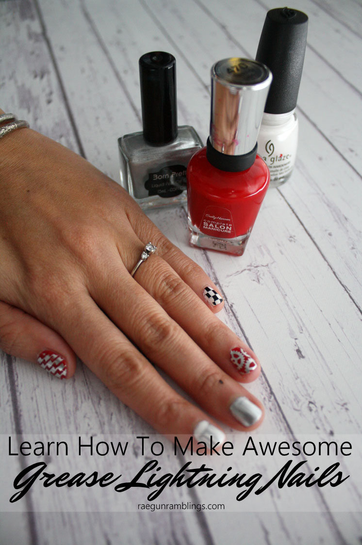Grease Lightning Stamped Nails | Quick Nail Art Idea Grease Lightning stamped nails with checkered flag, red and silver designs on a hand beside red, silver and white polish