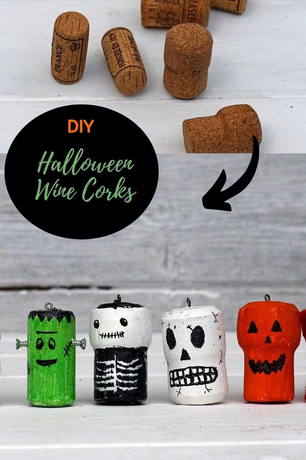 Halloween wine cork characters, a green Frankenstein, a skeleton, a skull and an orange jack-o-lantern on gray wood
