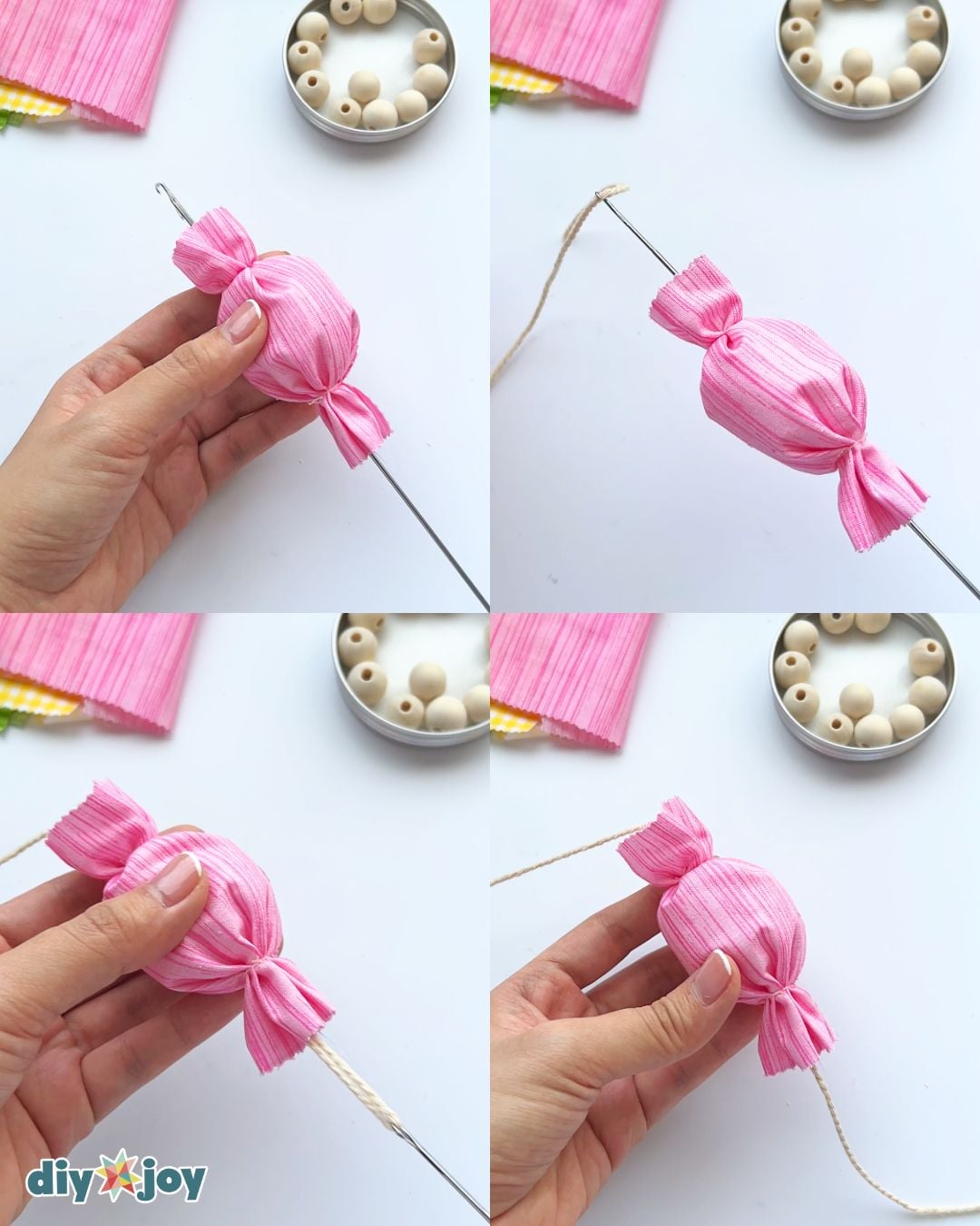 Four steps of pushing a loop turner through a pink fabric candy and pulling the twine through its center