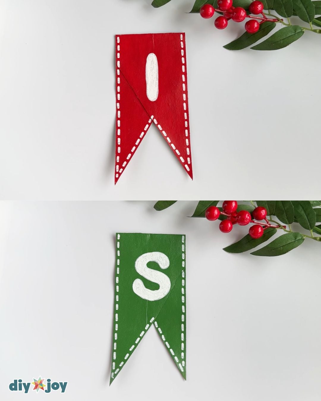 Red and green pennants lettered with Merry Christmas and dashed borders for a handmade toilet paper roll Christmas banner