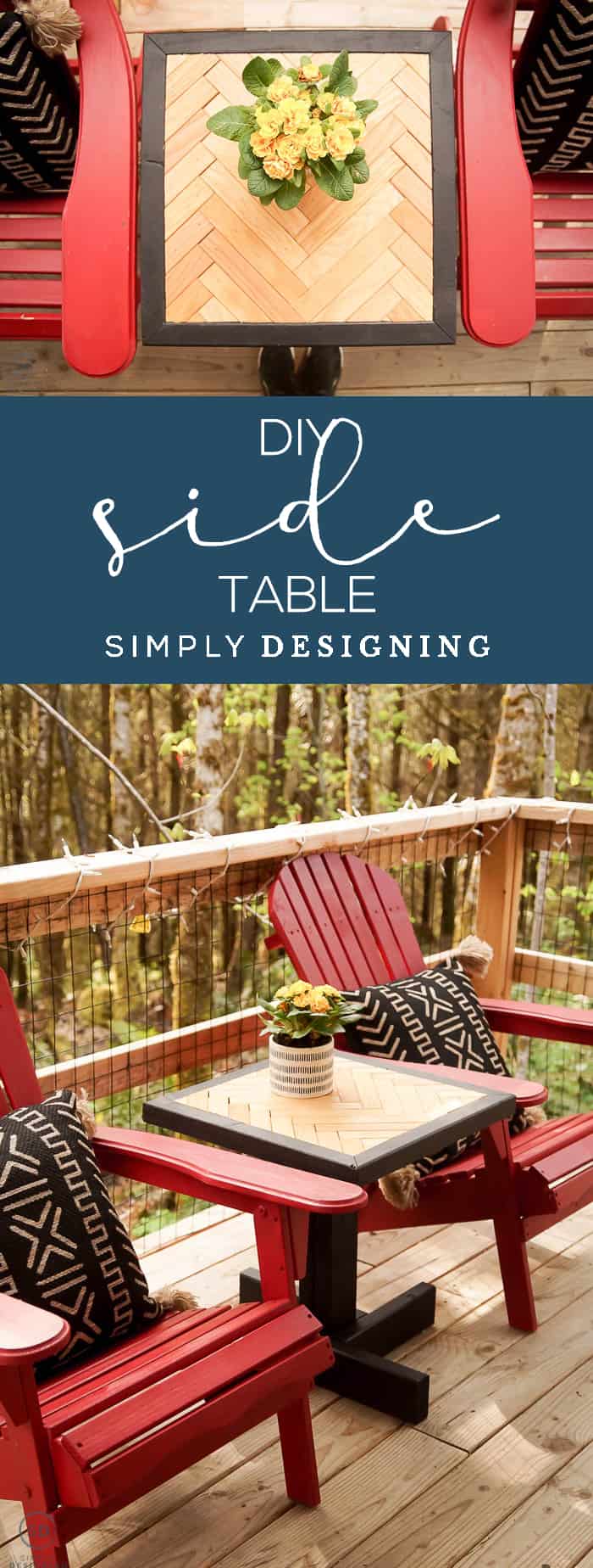 Square side table with a herringbone wood top between red Adirondack chairs on a deck, holding a pot of yellow primroses