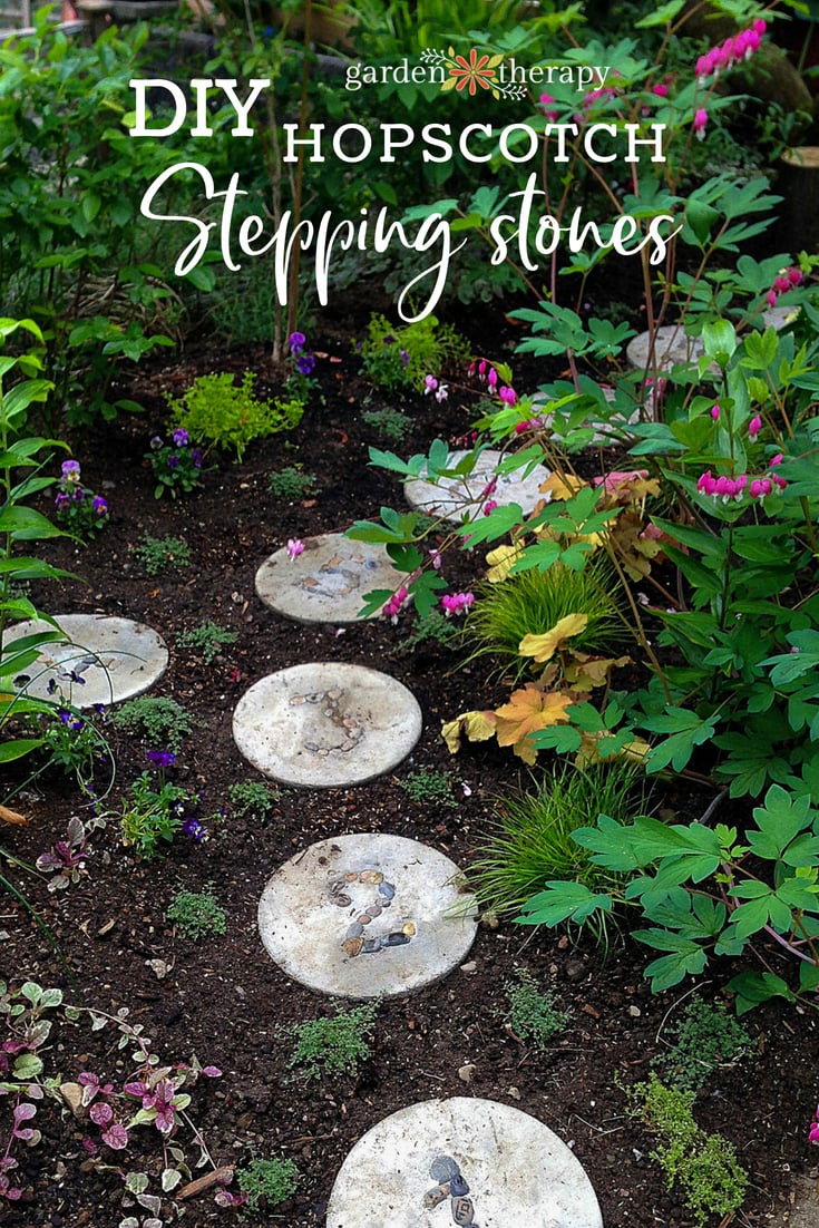 Hopscotch Stepping Stones | Play Garden DIY Round concrete stepping stones with pebble numbers winding through a lush shade garden of ferns and bleeding hearts