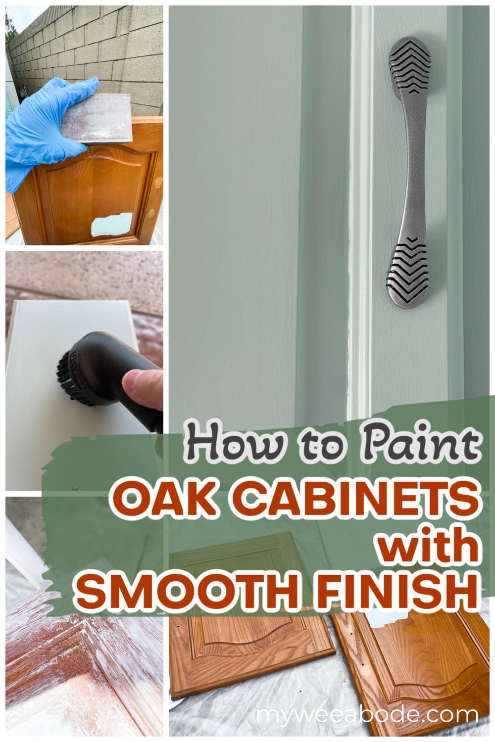 Collage of golden oak cabinet doors filled with joint compound, then painted a smooth sage green with a silver pull