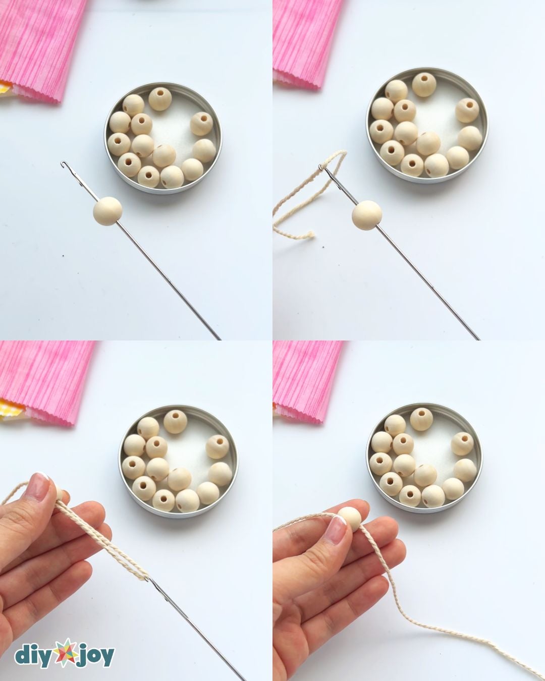 Four steps of using a loop turner to pull cotton twine through a wooden bead for the DIY candy garland