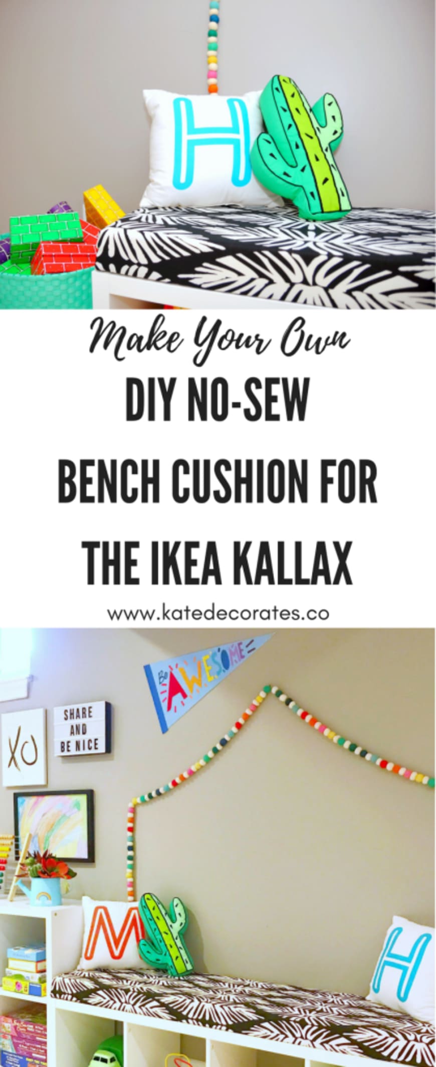 Pin collage of an IKEA Kallax bench with a black and white palm print cushion, letter H and cactus pillows and a toy shelf