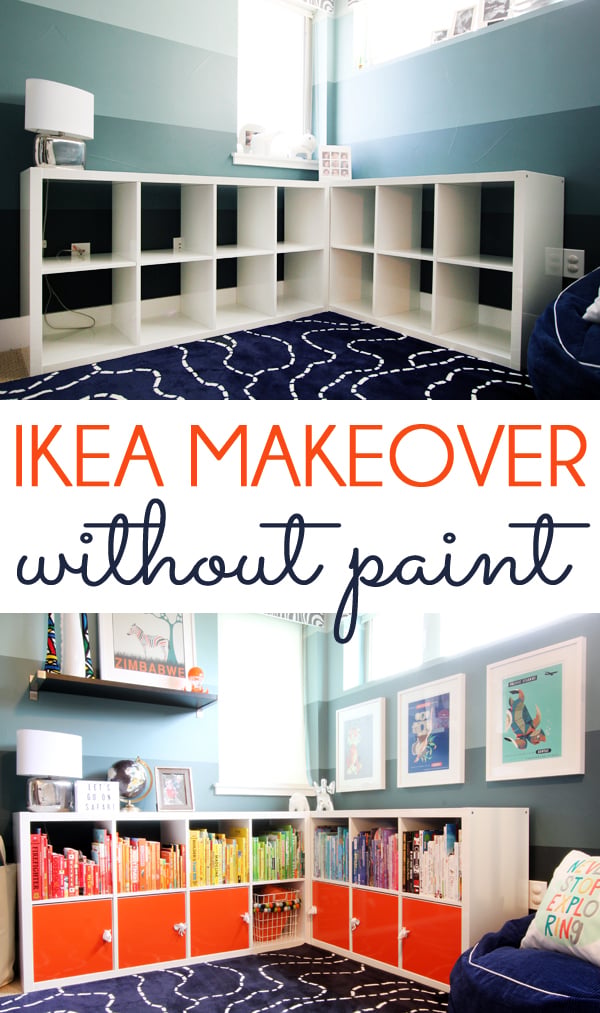 Pin collage of IKEA Kallax shelves with bright orange cabinet doors, rainbow sorted books and framed animal prints