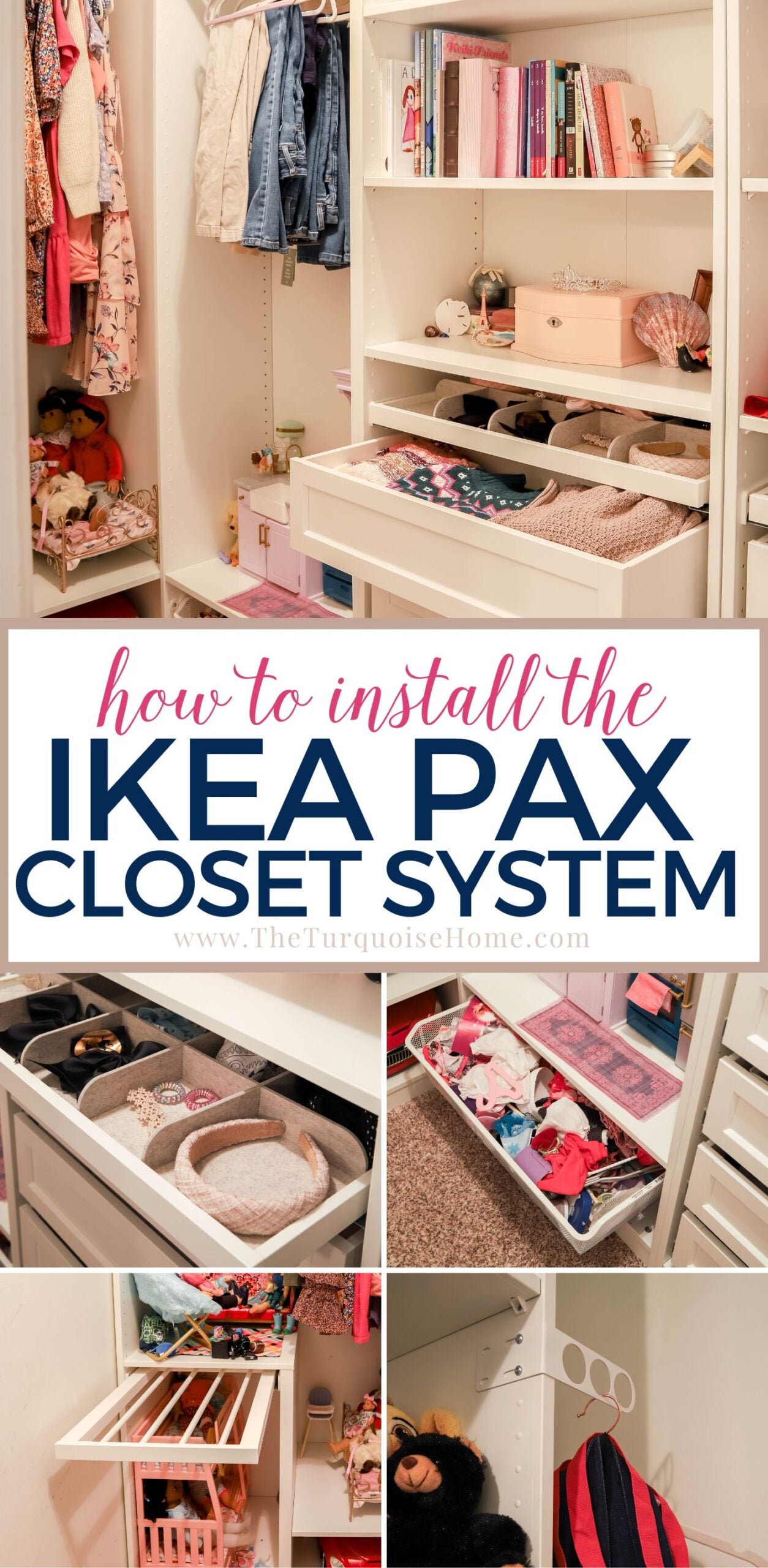 IKEA PAX Closet System | IKEA Bedroom Hack Small walk-in closet fitted with white IKEA PAX frames, hanging clothes, shelves, drawers and two floral storage boxes on top