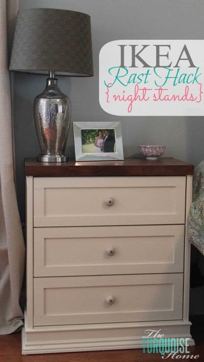 IKEA Rast Nightstand With Lattice Trim | IKEA Bedroom Hack Cream IKEA Rast nightstand with lattice trimmed drawers and a dark stained wood top holding a silver lamp and a photo frame