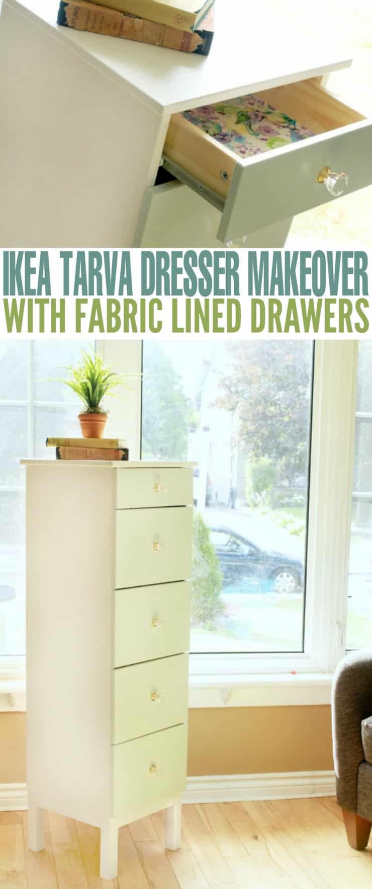 Pin graphic of a tall IKEA Tarva dresser painted pale green with an open drawer lined in pink and purple floral fabric