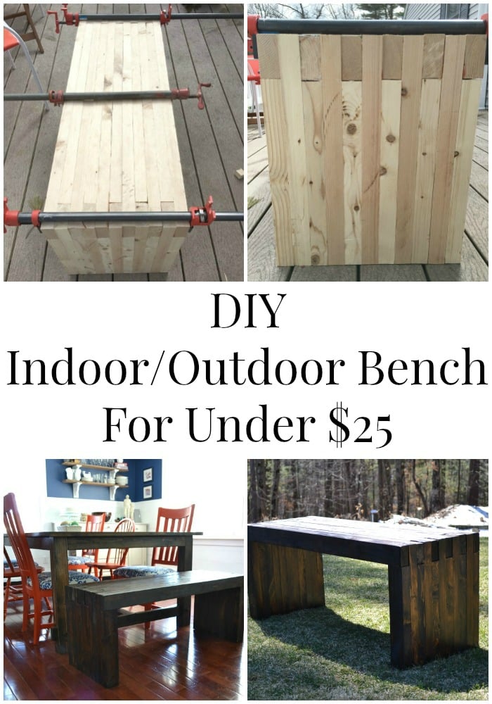 Indoor Outdoor Dining Bench | DIY Patio Furniture Idea Chunky 2x4 indoor and outdoor bench shown during glue up, at a dining table with red chairs and outside on the grass