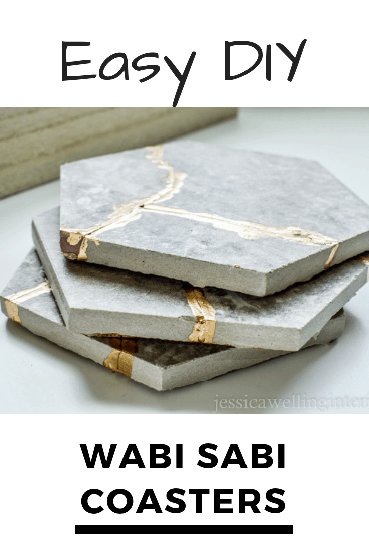 Kintsugi Tile Coasters | Gold Leaf Mended Tiles Kintsugi tile coasters, a stack of gray hexagon stone tiles with cracks glued back together and traced in shiny gold leaf