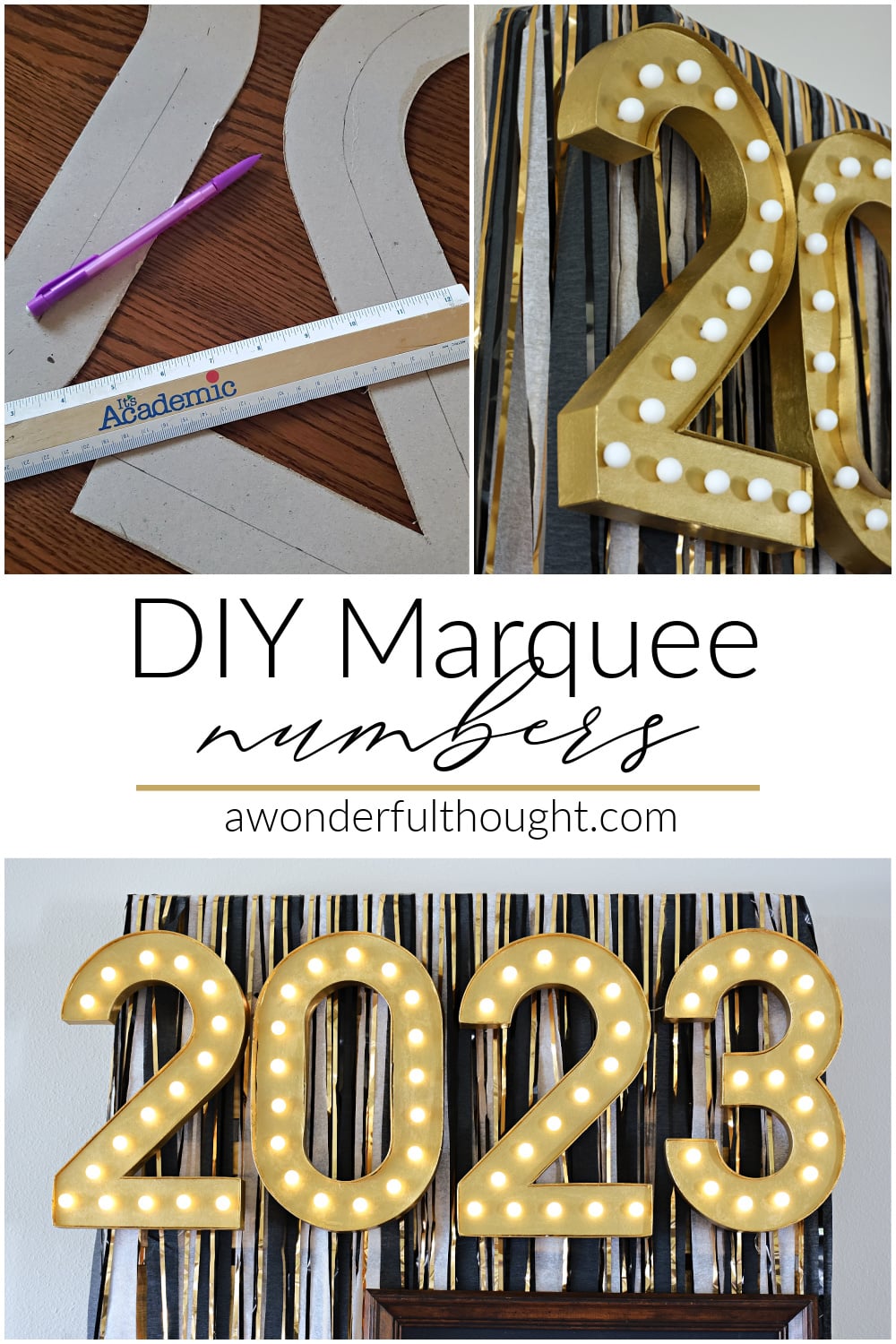 Light-Up Marquee Numbers | DIY Party Decorations Idea Gold marquee numbers spelling 2023 lit with globe lights in front of a black and gold fringe backdrop