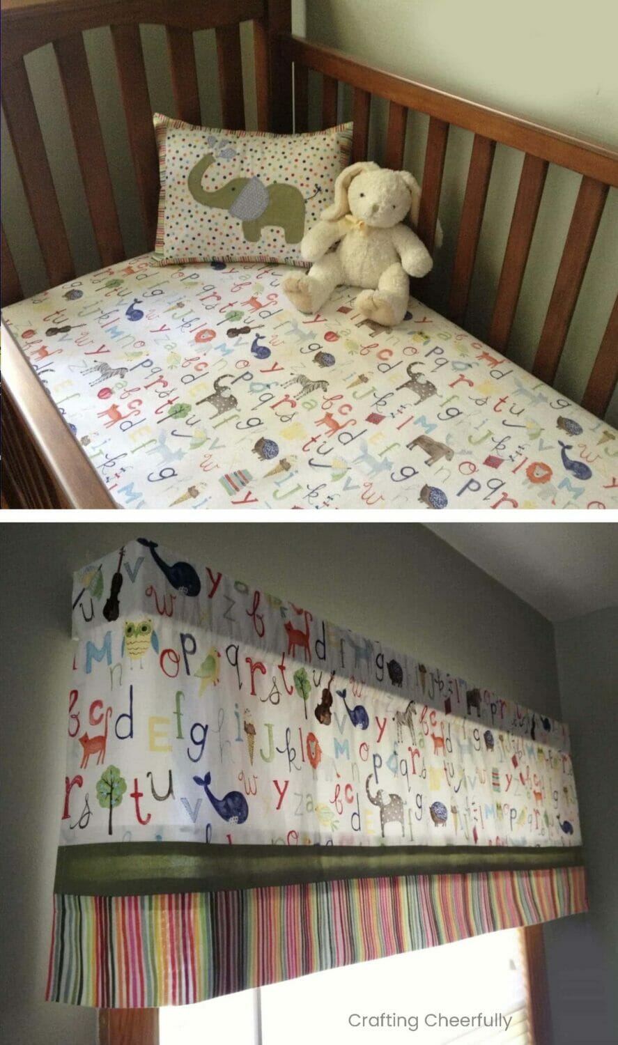 Lined Valance Curtains From a Crib Sheet | Home Sewing Project Crib with an alphabet animal fitted sheet and elephant pillow above a matching lined valance with a striped trim panel