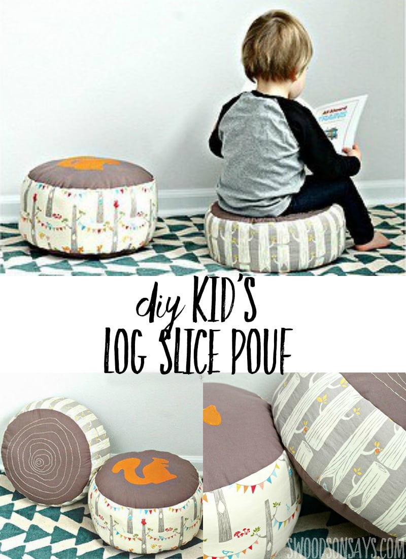Kids Log Slice Pouf | Free Sewing Pattern Kid sized log slice poufs in woodland prints with a squirrel applique, in a playroom with a child sitting on one