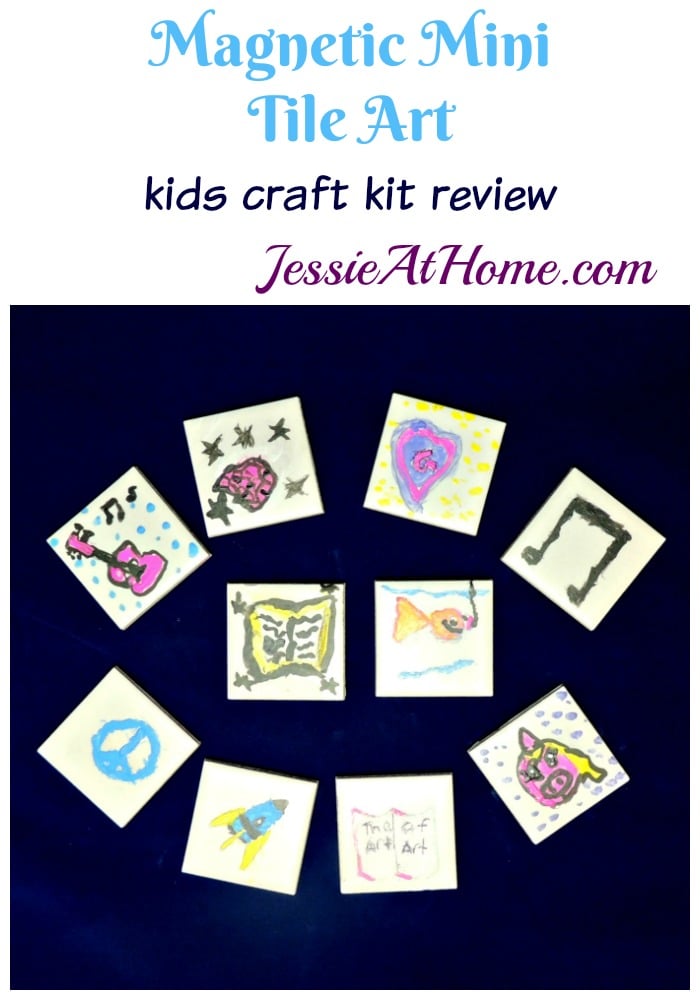 Magnetic Mini Tile Art | Kids' Painted Magnets Magnetic mini tile art, ten small white tiles painted with a guitar, fish, rocket, pig, heart and peace sign on navy