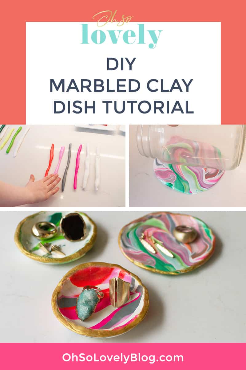 Pin graphic for DIY marbled clay dishes showing clay ropes, a marbled clay patty and three gold rimmed ring dishes