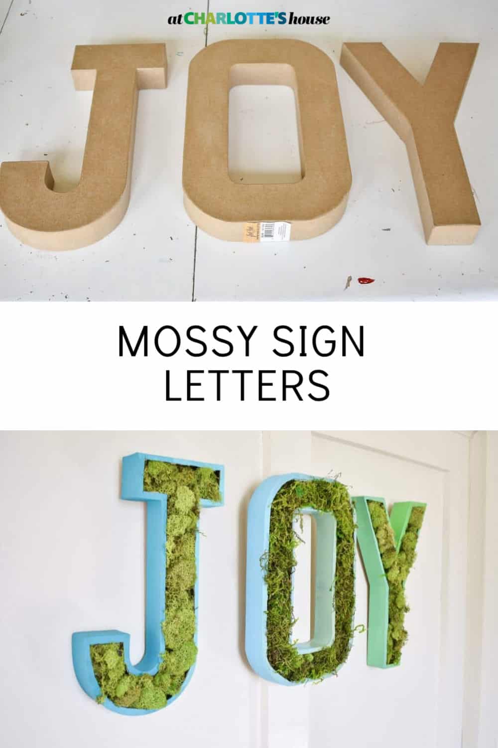 Kraft paper mache letters spelling JOY, then the same letters edged in blue and mint and filled with green moss on a wall