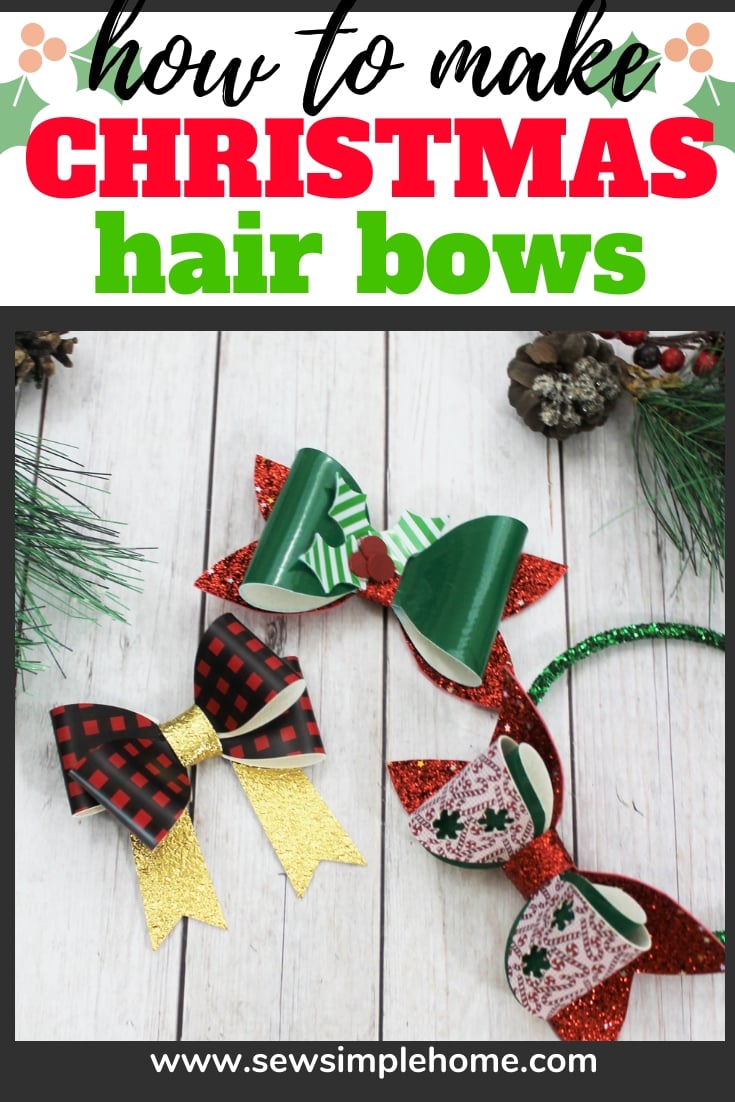 Christmas hair bows in green, red buffalo check, glitter and candy print faux leather with gold glitter tails on wood
