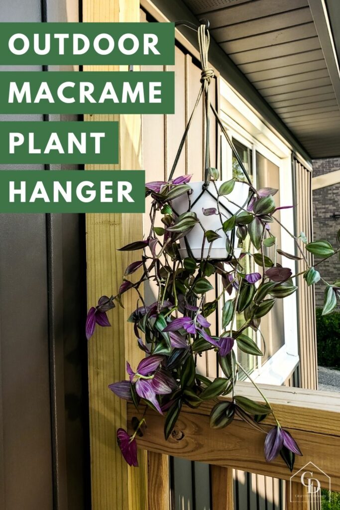 Outdoor Macrame Plant Hanger | DIY Outdoor Planter Idea Paracord macrame plant hanger holding a white pot of trailing purple wandering dude plant from a porch ceiling