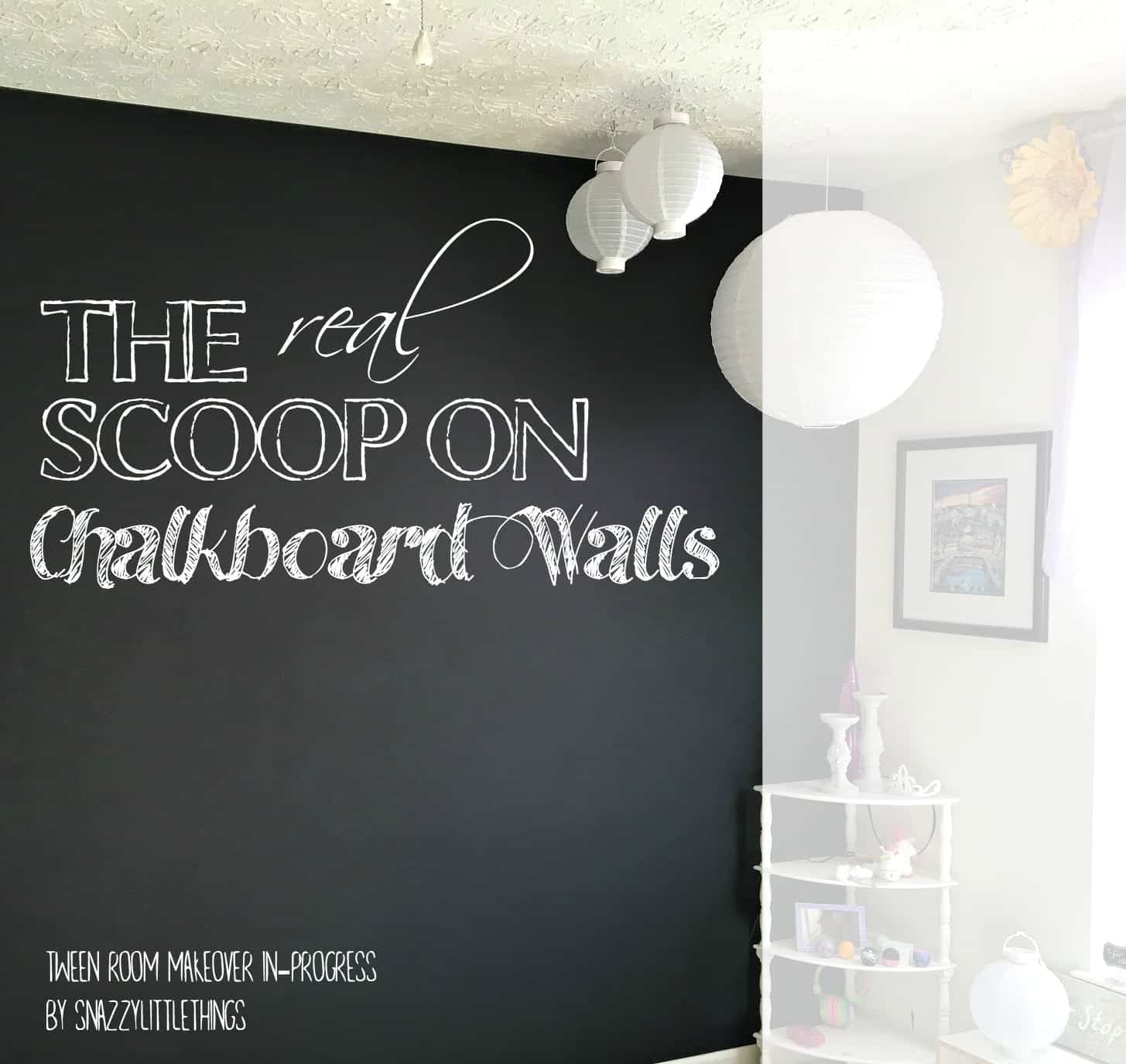 Oversized black chalkboard wall in a tween bedroom with white paper lanterns, a framed print and a white corner shelf