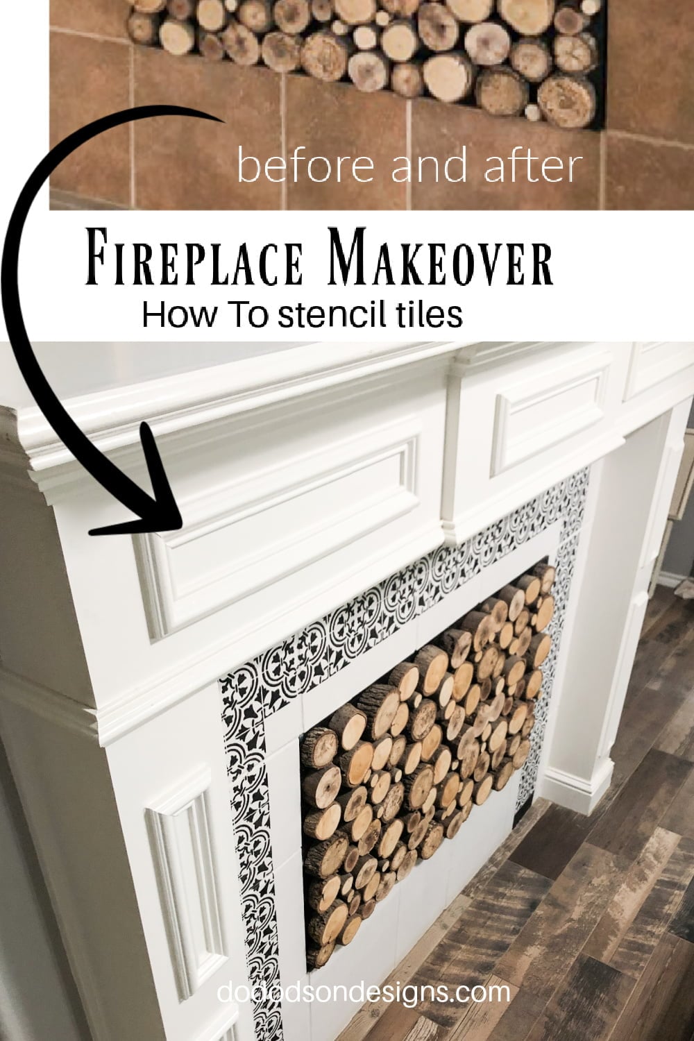 Painted Fireplace Tile | Stenciled Surround Makeover Painted and stenciled fireplace tile in a black and white patterned frame around a firebox filled with stacked birch logs