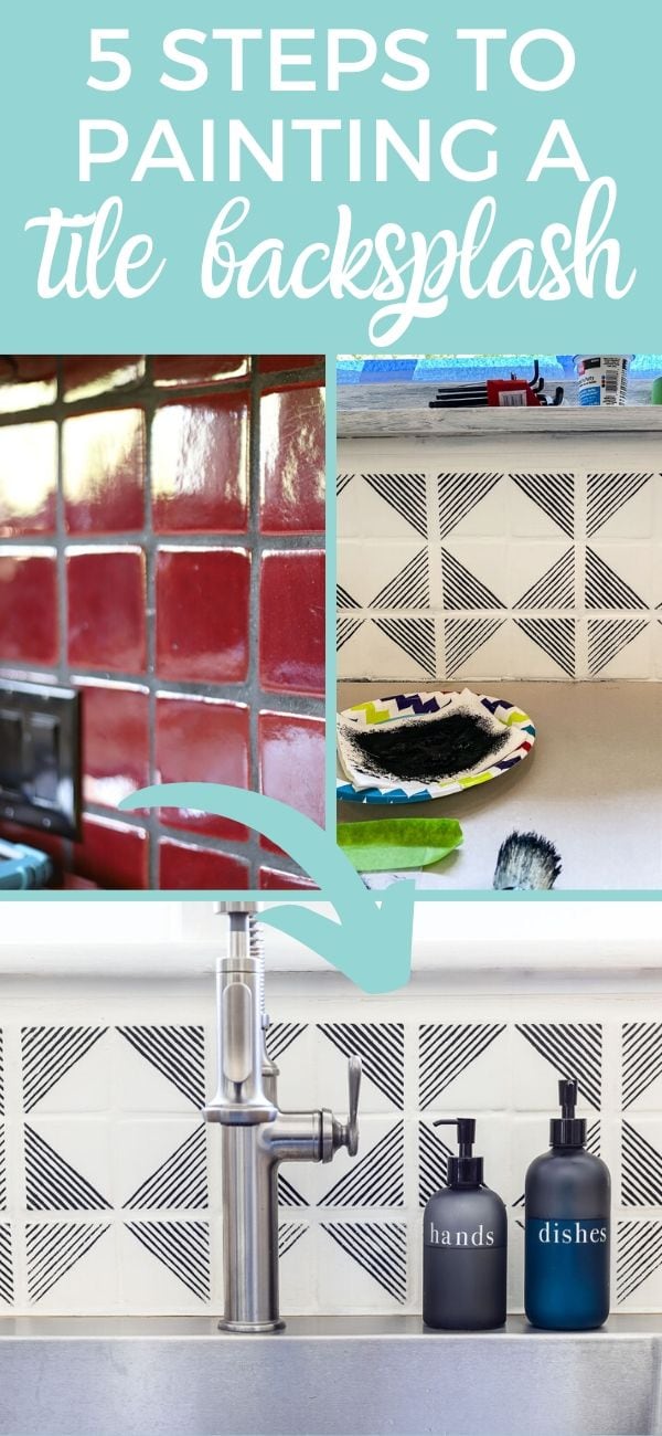 Painted and Stenciled Tile Backsplash | Easy Update Painted and stenciled tile backsplash in white with black geometric triangle stripes behind a sink with hand and dish soap