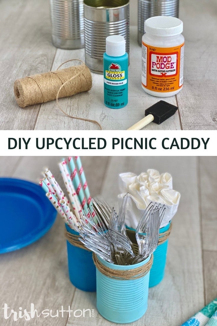 Painted Tin Can Utensil Caddy | Tin Can Idea Three painted vegetable cans tied together with a jute figure eight wrap, holding forks and colorful straws on a table