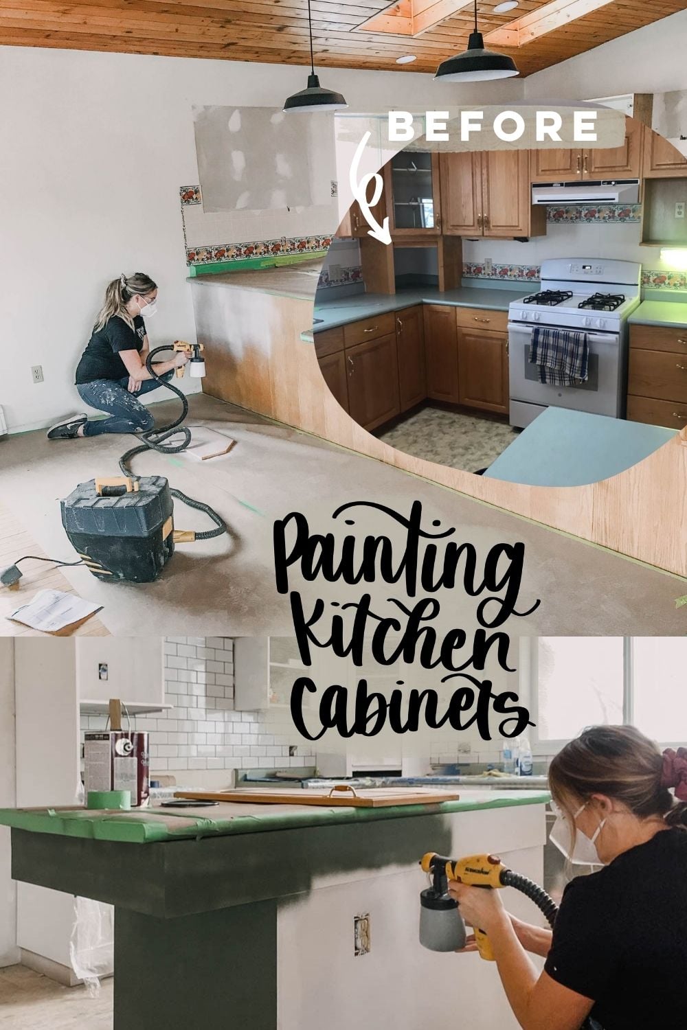 Oak cabinets before, a woman spraying primer on a kitchen island, then spraying green paint on the finished island