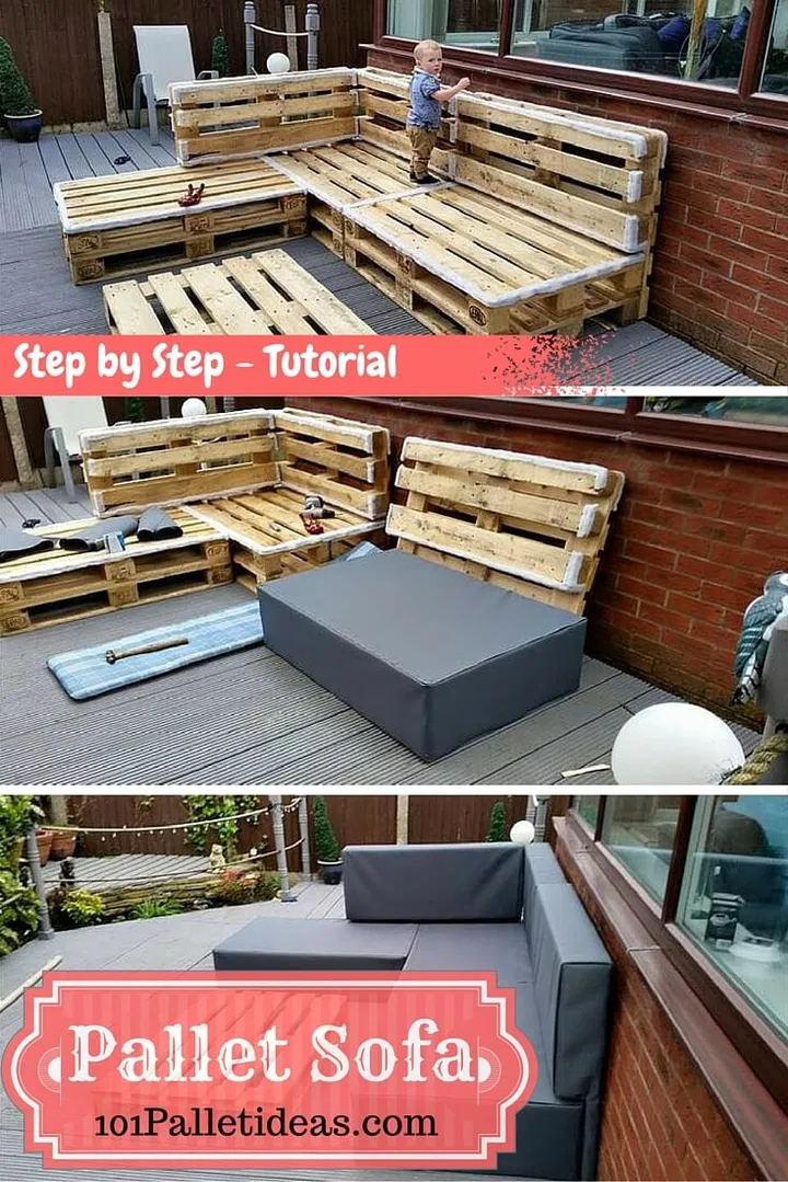 DIY pallet upholstered sectional sofa, an L shaped sofa on stacked pallets with taupe cushions and a pallet coffee table