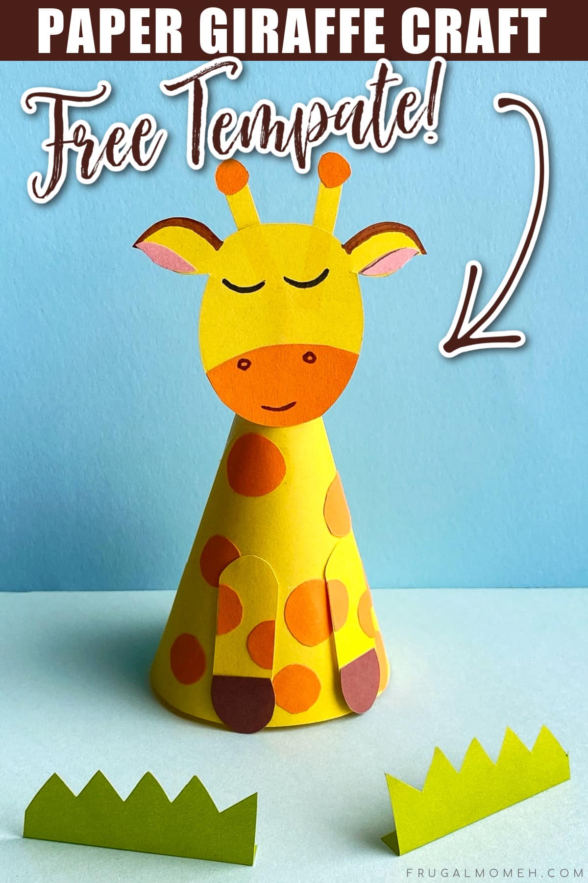 Yellow paper cone giraffe with orange spots, sleepy eyes and brown ears standing on a blue background with paper grass