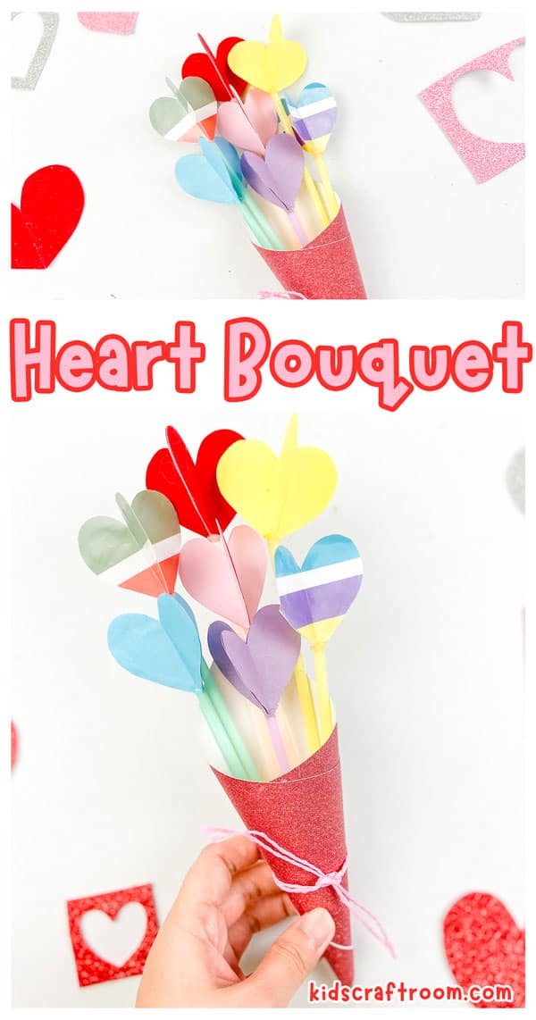 Bouquet of folded paper hearts in red, yellow, pink, purple and blue on straw stems inside a red glitter paper cone