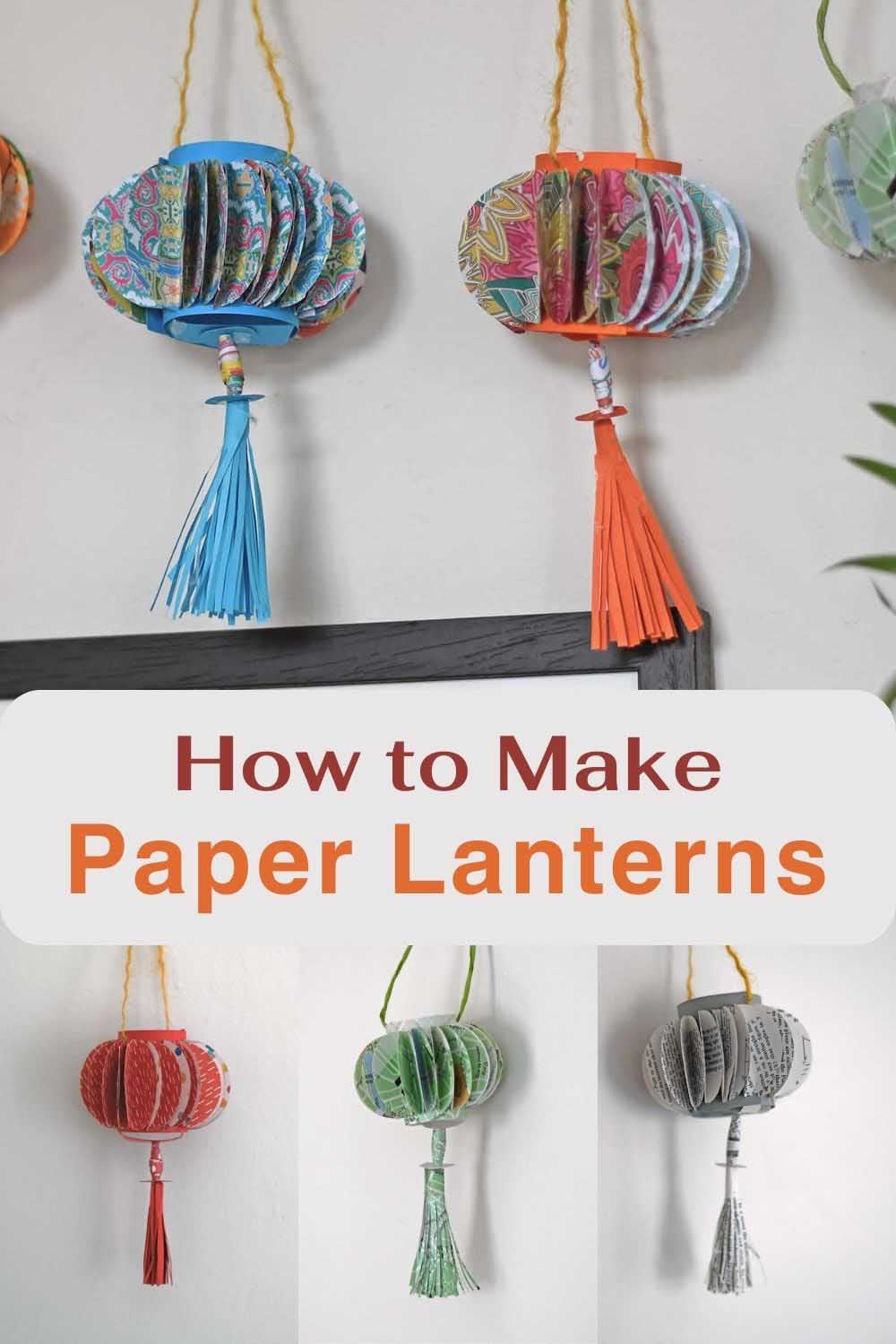 Paper Lanterns With Tassels | DIY Party Decorations Idea Hanging paper lanterns in floral blue, orange, red, green and gray patterns with paper tassels and How to Make text