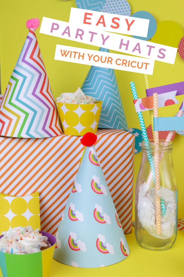 Paper Party Hats | DIY Party Decorations Idea Paper party hats in rainbow chevron and pastel patterns with pom poms beside cupcakes, straws and Easy Party Hats text