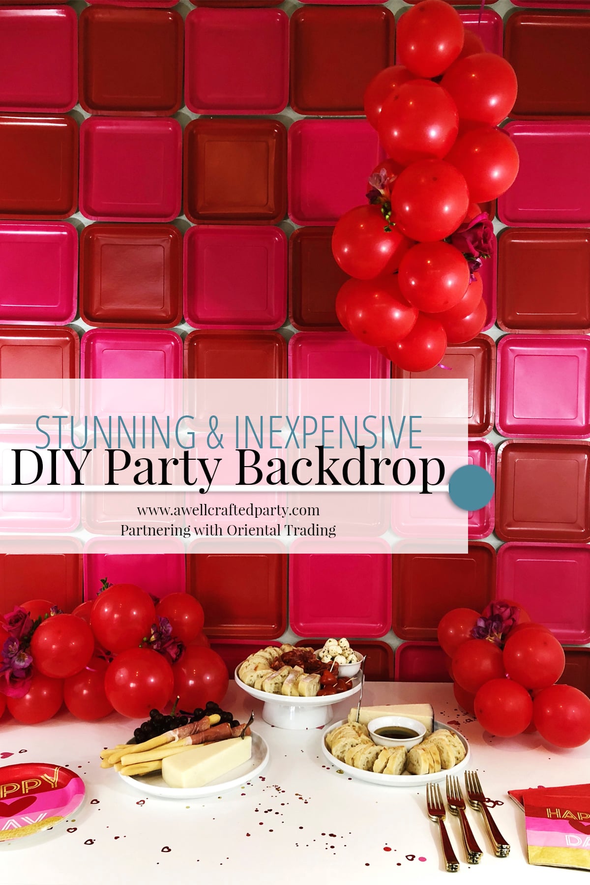 Party Plate Wall Backdrop | DIY Party Decorations Idea Wall of red and pink square paper plates behind a party food table with a red balloon cluster and DIY Party Backdrop text